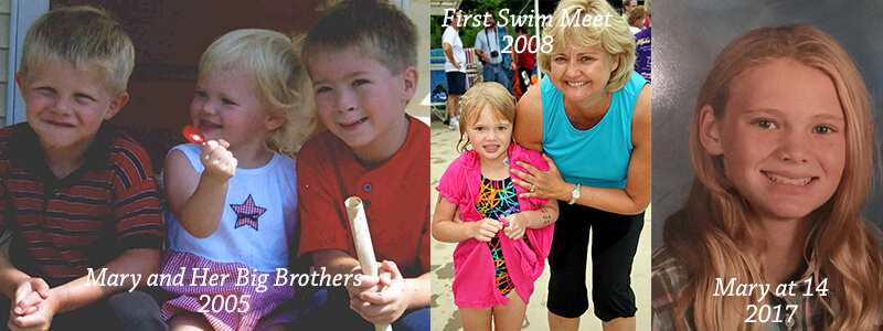 Three different images of Mary as a kid: with her brothers, at a swim meat, and as a teenager